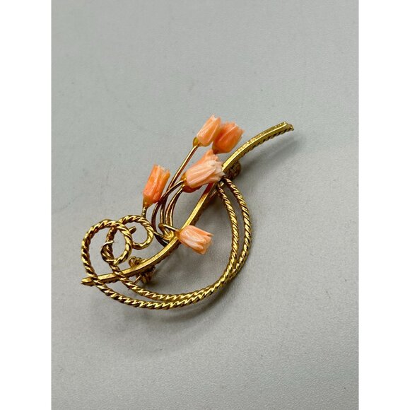 Vintage Floral Carved Coral Flowers Gold Tone Pin Brooch Small Pink Roses - Picture 2 of 6